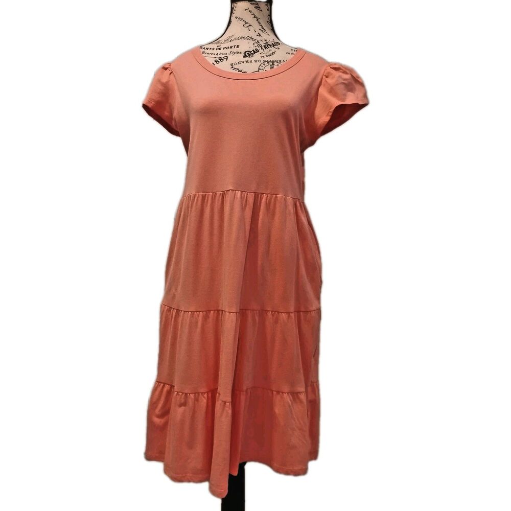 Women XS Coral Tiered Midi Dress with POCKETS Casual Boho Flowy Summer Dress NEW